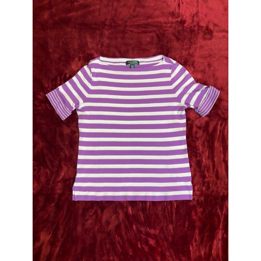 Lauren Ralph Lauren Petite Purple White Striped Boat Neck Cotton Top PM